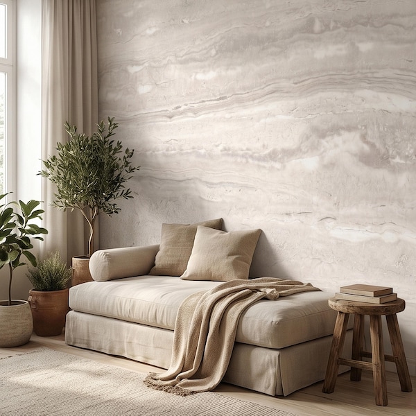 Beige Travertine Natural Stone Texture Peel and Stick Wall Mural, Elegant Neutral Marble Effect Modern Minimalist Wallpaper
