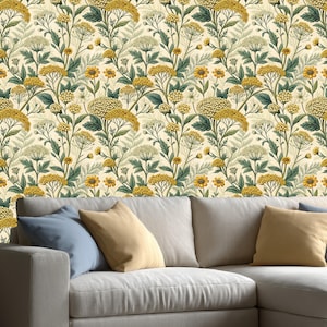 Peel and Stick Botanical Wallpaper – Vintage Yellow Wildflower Wall Mural – Removable Floral Wall Decor for Bedroom, Kitchen or Living Room