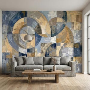 Vintage abstrakt cirkelbågecollage blå beige sliten patina skalbar väggmålning. Geometriska ringcirklar retro modern tapet