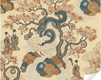 Japanese Dragon & Cherry Blossom Peel and Stick Wallpaper, Vintage Ukiyo-e Geisha Clouds Waterfall Asian Wall Mural