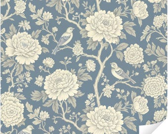 Avignon Chinoiserie Peel and Stick Wallpaper, Blue Floral Bird Wall Mural, Vintage French Botanical Wall Decor