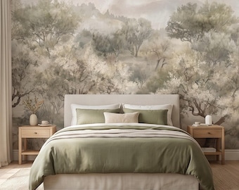 Olive Tree Peel and Stick Wall Mural, Misty Mediterranean Grove, Painterly Ancient Olive Orchard Rustic Countryside Wallpaper