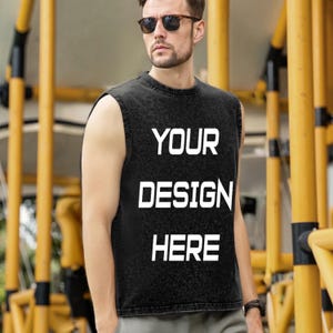 Custom Sleeveless Tank Top for Men - Washed Cotton Muscle Tee with Your Design, Graphic, Logo - Personalized Gym Shirt, Workout Gift for Him