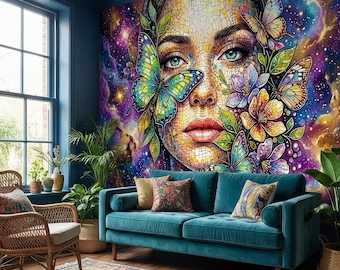 Celestial Butterfly Peel and Stick Wall Mural, Colorful Mosaic Woman Portrait, Cosmic Floral Galaxy Face, Fantasy Wallpaper