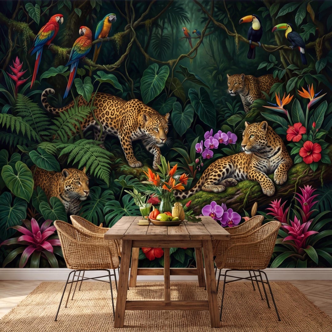 Tropical Jungle Leopard Peel and Stick Wall Mural, Dark Rainforest ...