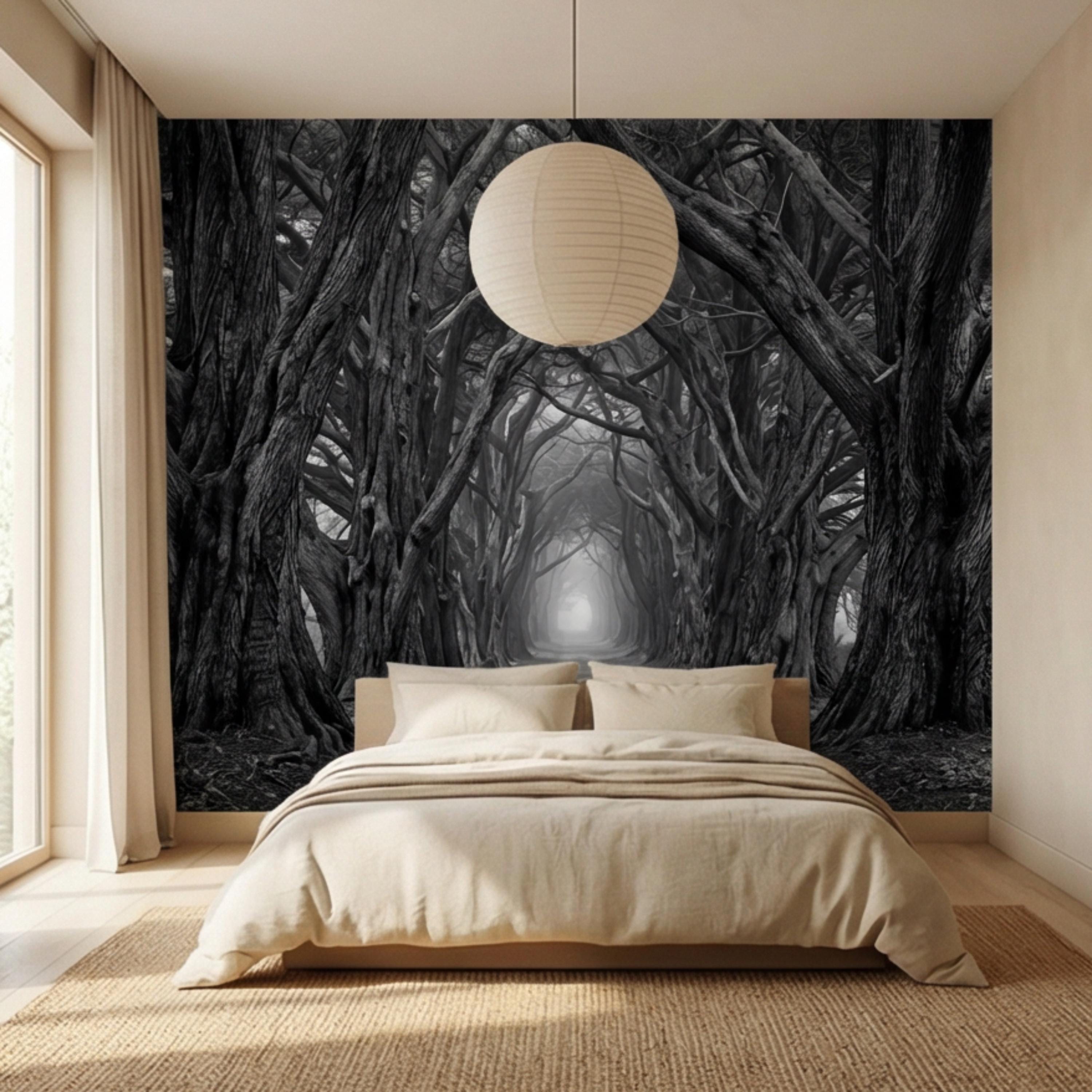 Dark Forest Tree Tunnel Peel and Stick Wall Mural, Gothic Black and ...