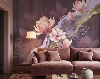 Pink Magnolia Watercolor Peel and Stick Wall Mural, Plum Purple Mauve Large Abstract Floral Line Drawing Modern Botanical Blossoms Wallpaper