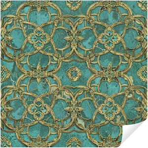 May include: A repeating pattern with a teal background, resembling marble, overlaid with a gold filigree design. The filigree features intricate floral and geometric shapes, creating a vintage or antique aesthetic. The design is suitable for various decorative applications.