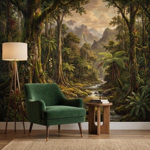 May include: A lush, detailed mural of a tropical rainforest scene with a flowing river, mountains, and dense foliage. A green armchair, a wooden side table, and a floor lamp with a beige shade are in the foreground, creating a cozy interior setting.