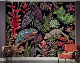 Mural de pared autoadhesivo de reptiles tropicales, camaleón, gecko, pitón arborícola esmeralda, papel tapiz botánico de la selva exótica
