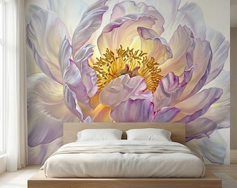 Mjuk pion självhäftande väggmålning, rodnande lavendelpionblomma, överdimensionerad romantisk blommig, storskalig elegant botanisk tapet