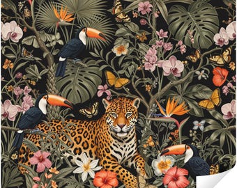 Tropical Jungle Animals Peel and Stick Wallpaper, Exotic Dark Botanical Floral Wall Mural, Flowers & Tropical Foliage Wall Decor