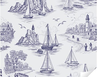 Navy Blue Coastal Toile Peel and Stick Wallpaper, Nautical Sailboats Lighthouse Seaside Village Wall Mural