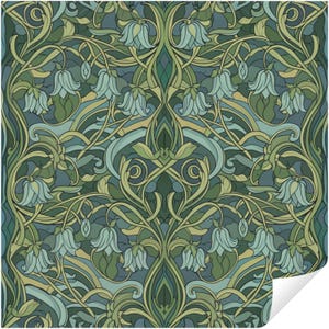 May include: A seamless pattern featuring stylized floral elements in shades of blue, green, and gold. The design includes bell-shaped flowers, swirling vines, and organic shapes, creating a decorative and intricate botanical motif.