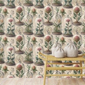 Carta da parati vintage con cupola in vetro botanico – Carta da parati antica staccabile e attaccabile con illustrazioni scientifiche di piante – Decorazione murale artistica della natura