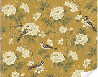 Vintage Gold Look Chinoiserie Bird Peel and Stick Wallpaper, Floral Botanical Removable Wall Mural, Elegant Accent Wall Decor