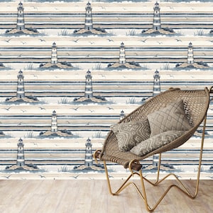 Carta da parati con faro nautico - Carta da parati murale costiera con strisce blu-beige, decorazione per casa al mare, tema marino per soggiorno