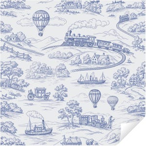 May include: Blue and white toile pattern featuring a vintage landscape with a train, hot air balloons, horse-drawn carriages, and a steamboat. The design includes rolling hills, houses, trees, and clouds, creating a classic, nostalgic feel.