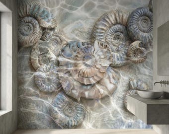 Murale autoadesivo con conchiglie di ammonite sottomarine in bolle di schiuma marina e patina sabbiosa, carta da parati astratta marina vintage oceanica.