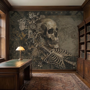 May include: A room with a large mural featuring a skull, flowers, and a map. The mural is the focal point, with a desk, lamp, and bookshelves adding to the room's ambiance. The color palette is dark, with shades of brown, gold, and black.