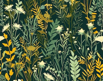 Dark Green Botanical Wildflower Peel and Stick Wallpaper, Green Wildflower Wall Mural, Floral Accent Wall Decor
