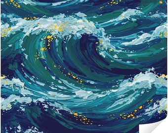 Abstrakte Farbe Ozeanwellen Schälen und Aufkleben-Tapete, Abnehmbares Tiefblaue Meereswelle Wandbild, Küstenakzent-Wanddekor