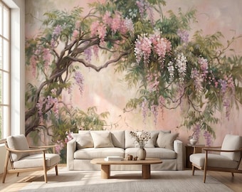 Murale adesivo con fiori di glicine, ramo d'albero floreale dai colori pastello tenui, dipinto romantico in stile cottage, carta da parati botanica vintage ad acquerello