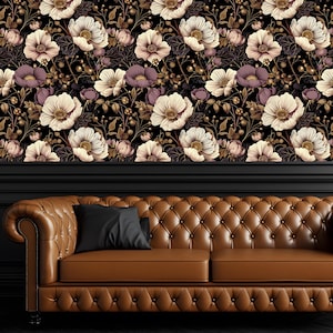 Dark Floral Wallpaper Peel and Stick – Vintage Gold Color Flower Mural – Removable Black Botanical Wall Decor – Moody Floral Accent Wall