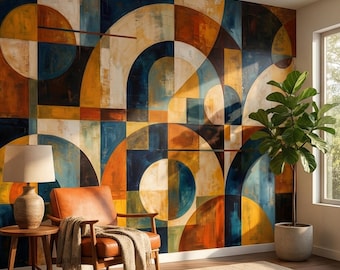 Abstrakte Geometrische Kreise Wandbild zum Schälen und Aufkleben, Bunte Moderne Bögen, Retro Senf Teal Navy Vintage Tapete