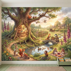 Whimsical Woodland Animals Peel and Stick Wall Mural, Enchanted Forest Village Storybook Cottagecore Countryside Fairytale Nursery Wallpaper