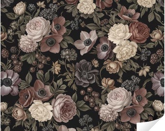 Dark Floral Peel and Stick Wallpaper, Vintage Rose Wall Mural, Black Botanical Bedroom Living Room Decor