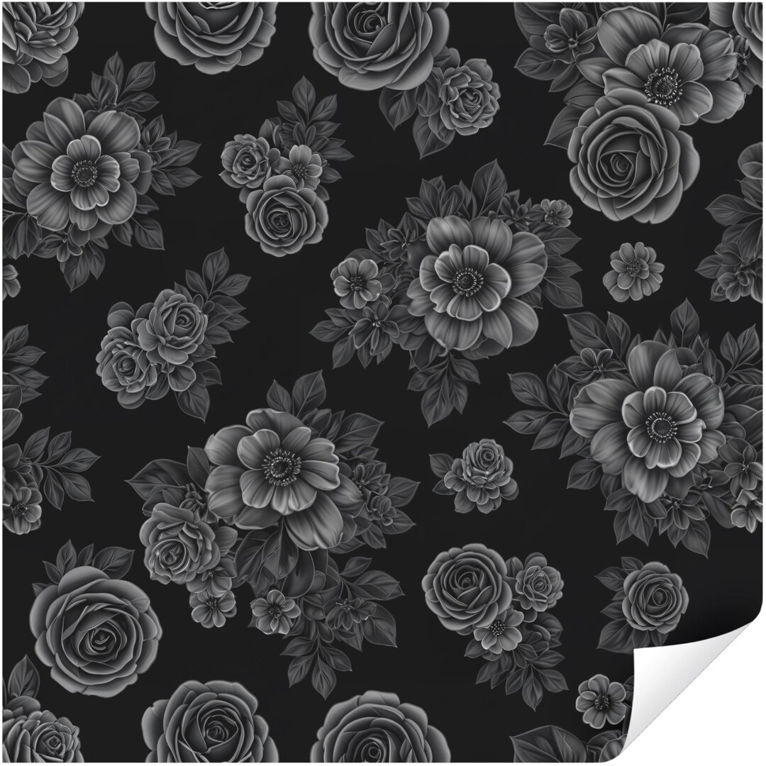 Black Floral Peel and Stick Wallpaper, Gothic Dark Rose Wall Mural ...