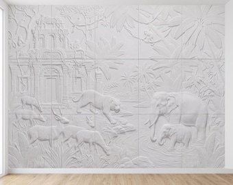 Safari Temple Peel and Stick Wall Mural, Sculpted Elephant Tiger Jungle Relief Feather Gray Embossed Plaster Look Wallpaper