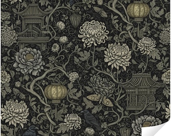 Art Gothic Chinoiserie Peel and Stick Wallpaper, Dark Moody Floral Victorian Goth Wall Mural, Dark Academia Bedroom Living Room Decor