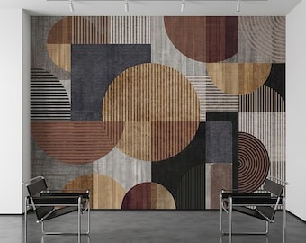 Neutrale Geometrische Kreise Schälen und Aufkleben Wandbild Mid Century Moderne Abstrakte Streifen und Formen Strukturierte Retro Muster Minimale Tapete