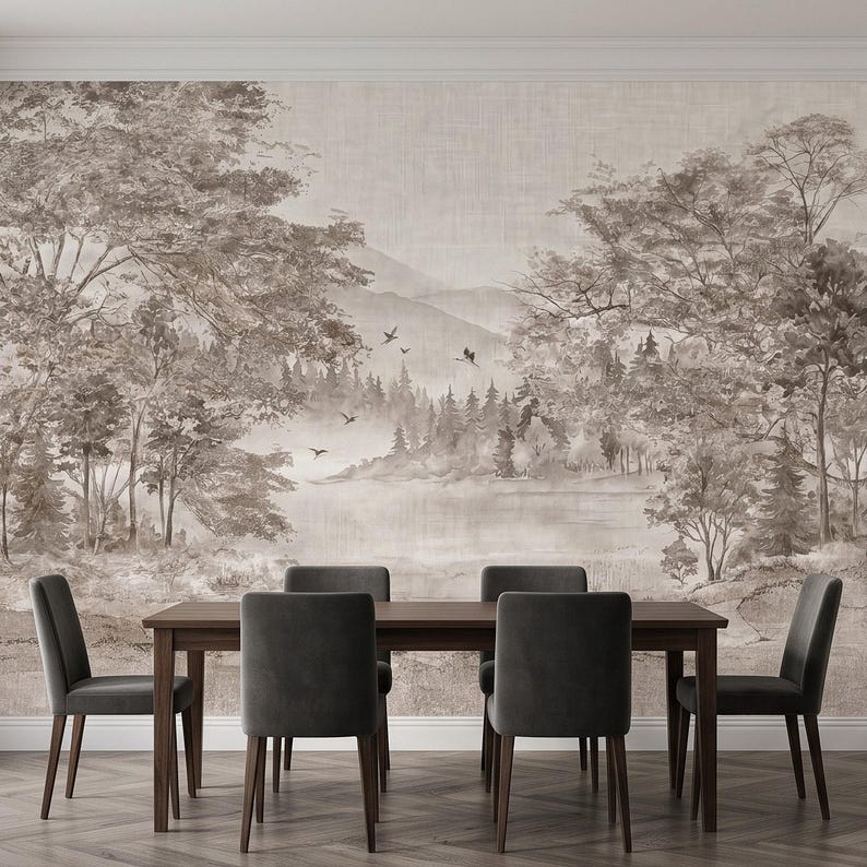 Misty Forest Lake Peel and Stick Wall Mural, Neutral Woodland Mountain ...
