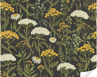 Dark Wildflower Peel and Stick Wallpaper, Black Botanical Daisy Removable Wall Mural, Vintage Floral Decor