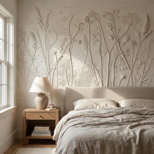 Neutral Botanical Peel and Stick Wall Mural, Textured Plaster Wildflower Wallpaper, Embossed Beige Nature Wall Decor