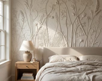 Neutral Botanical Peel and Stick Wall Mural, Textured Plaster Wildflower Wallpaper, Embossed Beige Nature Wall Decor