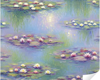 Könnte beinhalten: Ein ruhiges Gemälde eines Seerosenteichs. Das Kunstwerk zeigt zahlreiche Seerosenblätter mit weißen und rosa Blüten, die auf der Wasseroberfläche schwimmen. Das Wasser reflektiert den Himmel und das umliegende Laub und erzeugt einen weichen, impressionistischen Effekt.