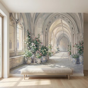 Vintage European Cloister Arches with Floral Pots Peel and Stick Wall Mural, Watercolor Old World Garden Hallway Scene Painting Wallpaper