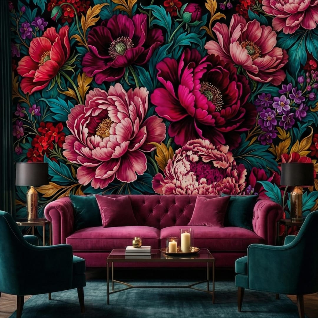 Dark Floral Peony Peel and Stick Wall Mural, Bold Vintage Botanical ...