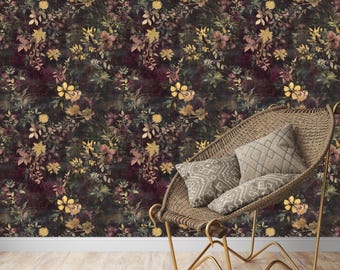 Dark Floral Peel and Stick Wallpaper – Moody Vintage Botanical Wall Mural – Removable Self Adhesive Wall Décor – Gothic Flower Art Print