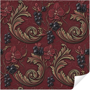 May include: A seamless pattern featuring a repeating design of burgundy orchids, black berries, and ornate, swirling leaves in shades of green and gold. The background is a textured, deep red.