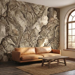 Snakeskin Texture Peel and Stick Wall Mural, Distressed Reptile Scale, Weathered Stone Surface, Neutral Earth Tone Python Wallpaper