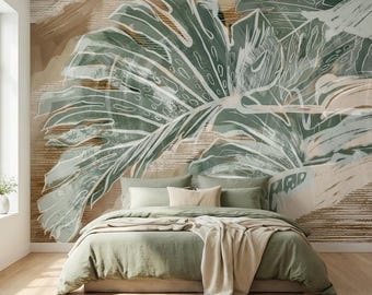 Abstract Tropical Leaf Peel and Stick Wall Mural, Sage Green Monstera Line Art, Neutral Beige Botanical Modern Wallpaper