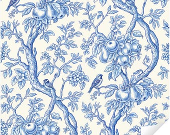 Classic Blue Chinoiserie Floral Peel and Stick Wallpaper, Elegant Vintage Timeless Decorative Bird Design Removable Wall Mural
