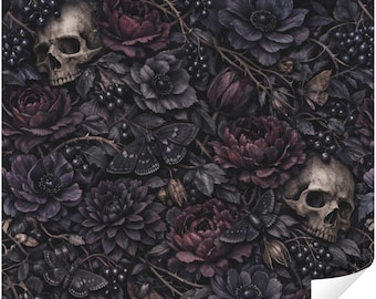 May include: Dark floral pattern featuring skulls, butterflies, and flowers in shades of deep purple, burgundy, and black. The design includes roses, berries, and intricate details, creating a gothic and vintage aesthetic.