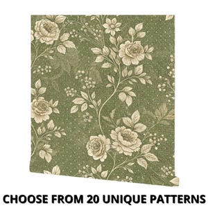 Carta da parati vintage verde boho floreale staccabile e attaccabile, murale botanico con rose e foglie, carta da parati autoadesiva rustica in stile cottagecore