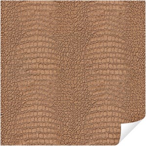 May include: A close-up of a brown, textured surface with a pattern resembling crocodile skin. The surface has a repeating scale-like design, with a slight sheen. The corner of the surface is curled up, revealing a white edge.